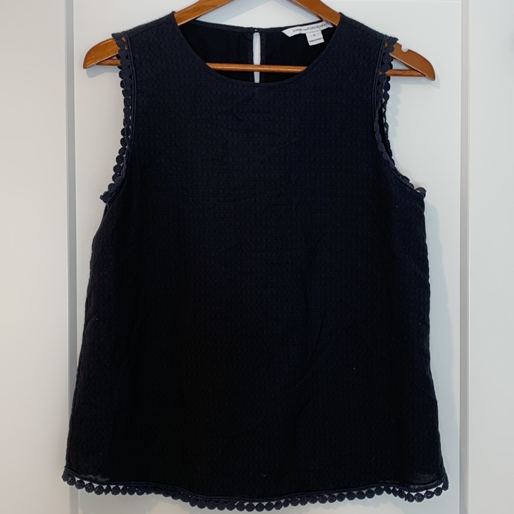 Diane Von Furstenberg Black Crochet Trim Sleeveless Blouse